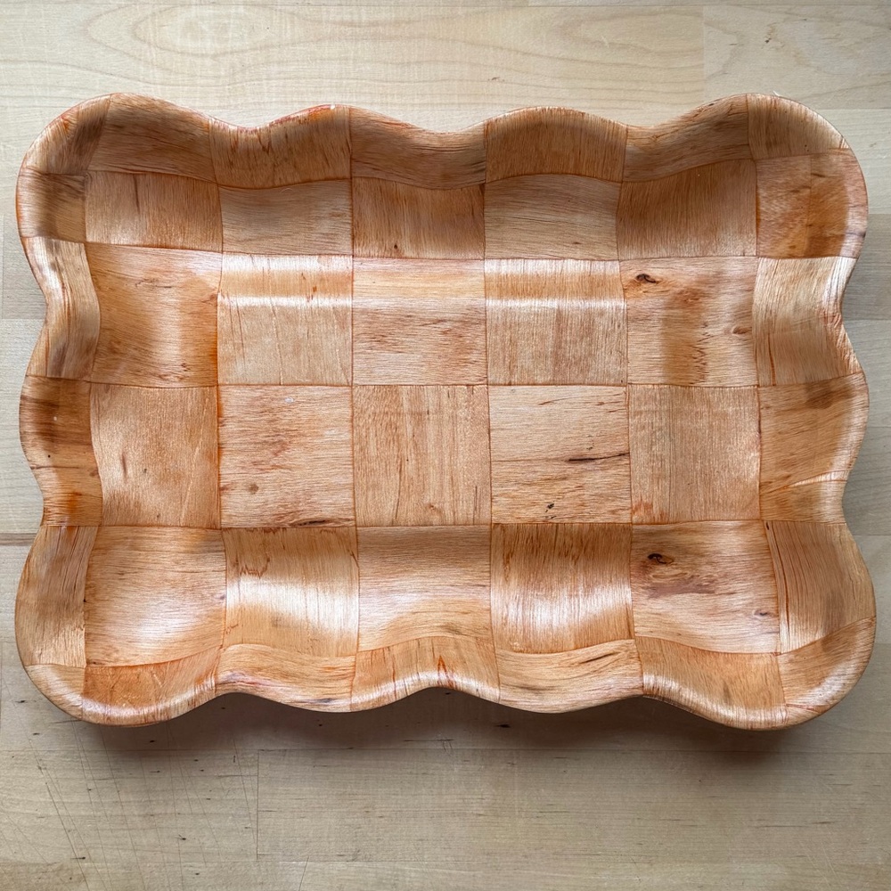 VTG MCM Woven Wood Serving Tray Scalloped Checkerboard Bamboo Parquet Boho 13"
